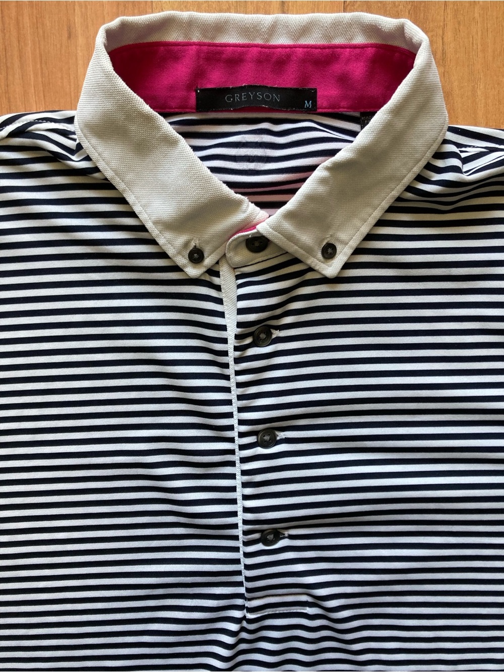 Greyson Black White Stripe Mens M Stretch Polo Shirt Leatherstocking Golf Logo